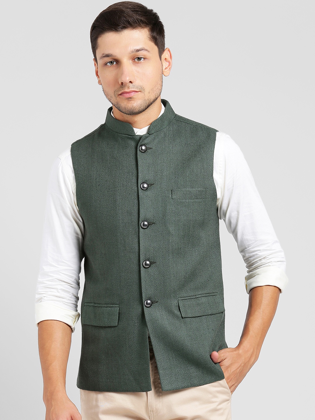 

KISAH Men Green Woven Design Nehru Jacket