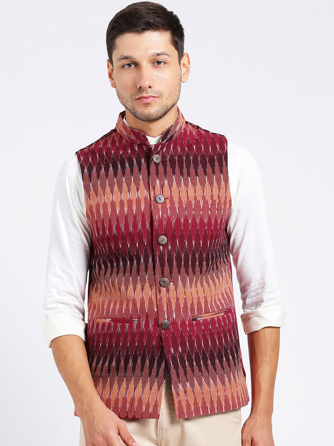 

KISAH Men Maroon Brown Woven Design Pure Cotton Nehru Jacket