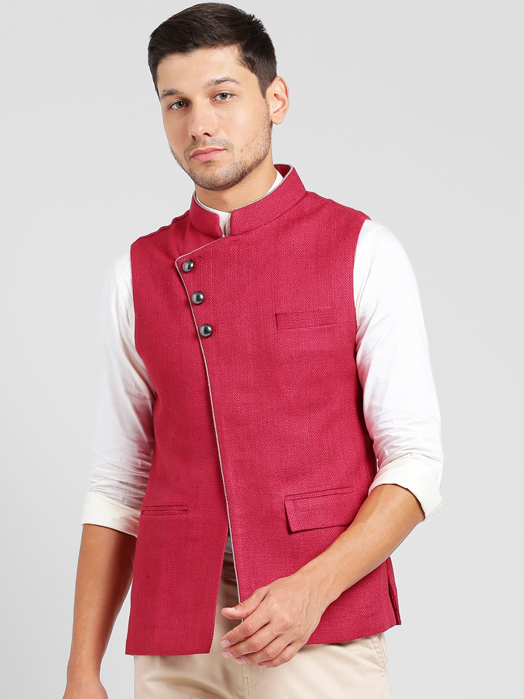 

KISAH Men Pink Woven Design Bhagalpuri Silk Nehru Jacket