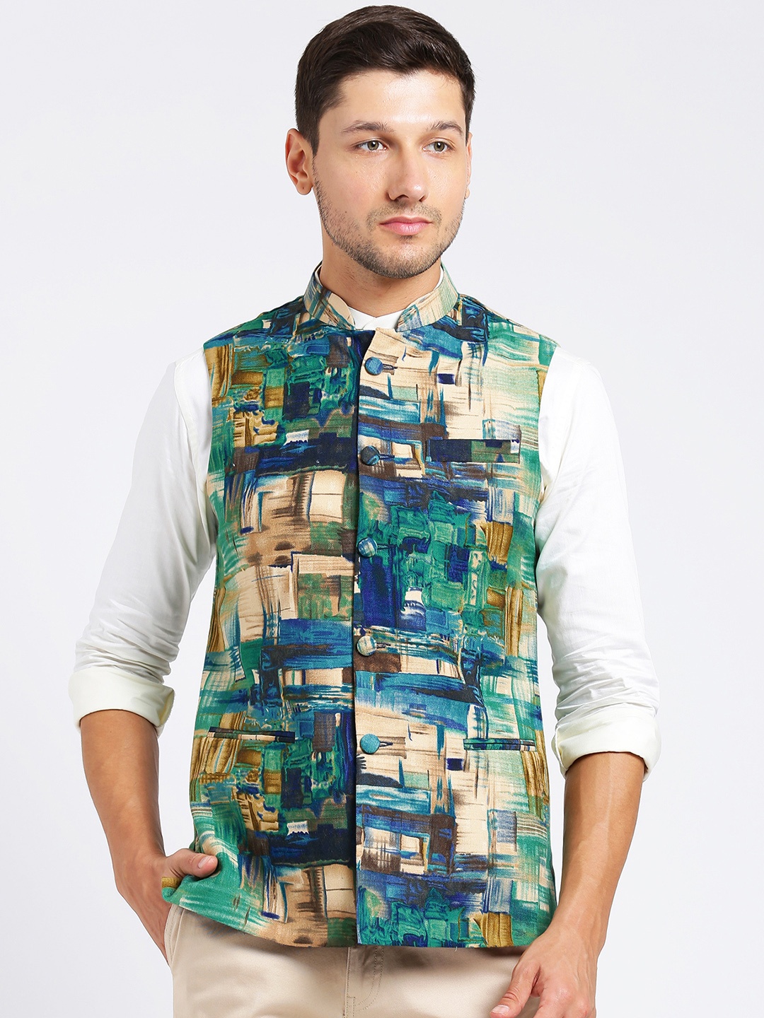 

KISAH Men Green Printed Nehru Jacket