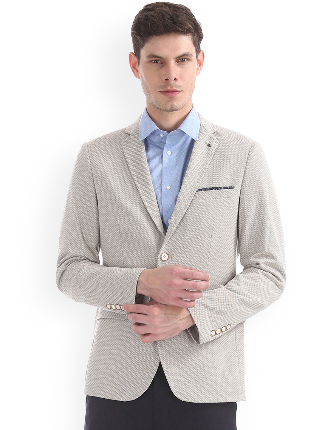 

Arrow New York Men Beige Self-Design Single-Breasted Pure Cotton Blazer