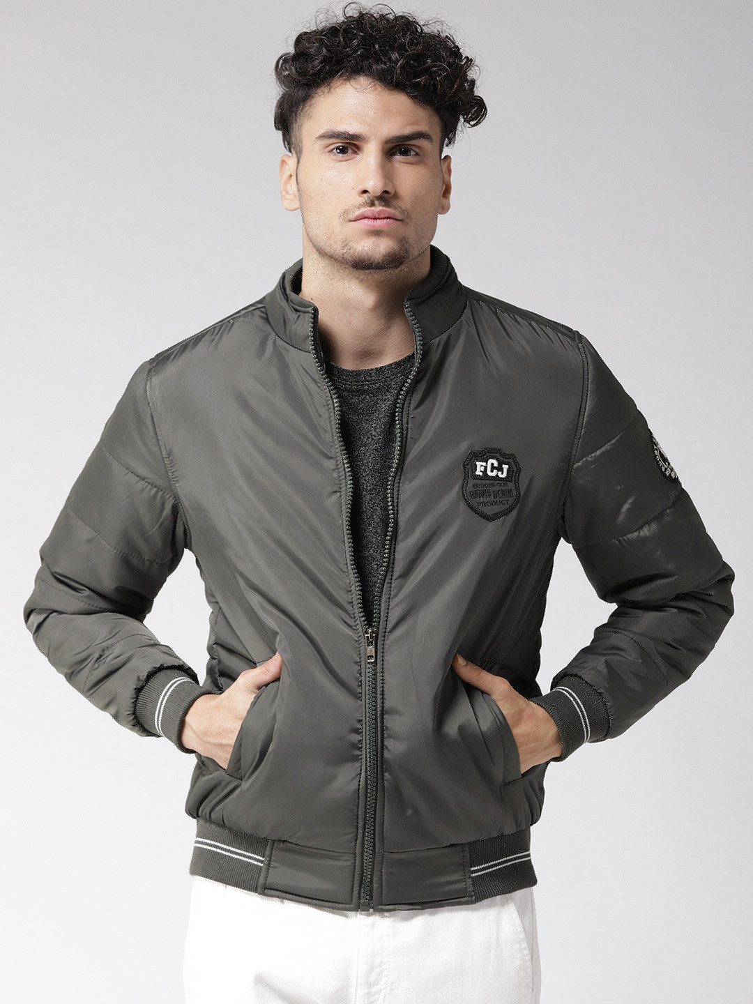 

Fort Collins Men Grey Solid Varsity Jacket