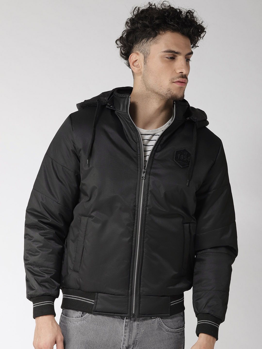 

Fort Collins Men Black Solid Hooded Bomber Jacket