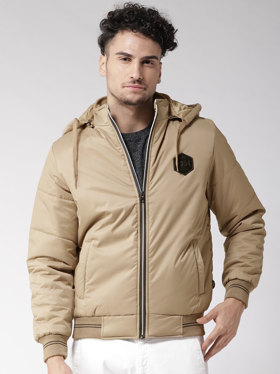 

Fort Collins Men Beige Solid Hooded Bomber Jacket