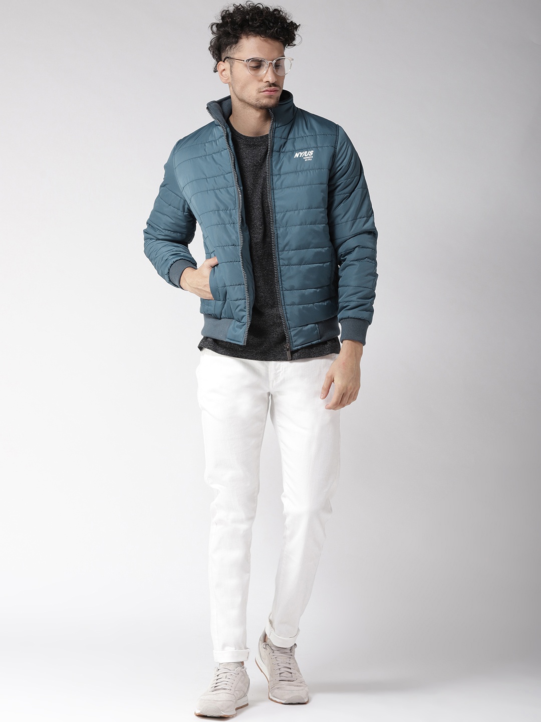 

Fort Collins Men Teal Blue Solid Bomber Jacket