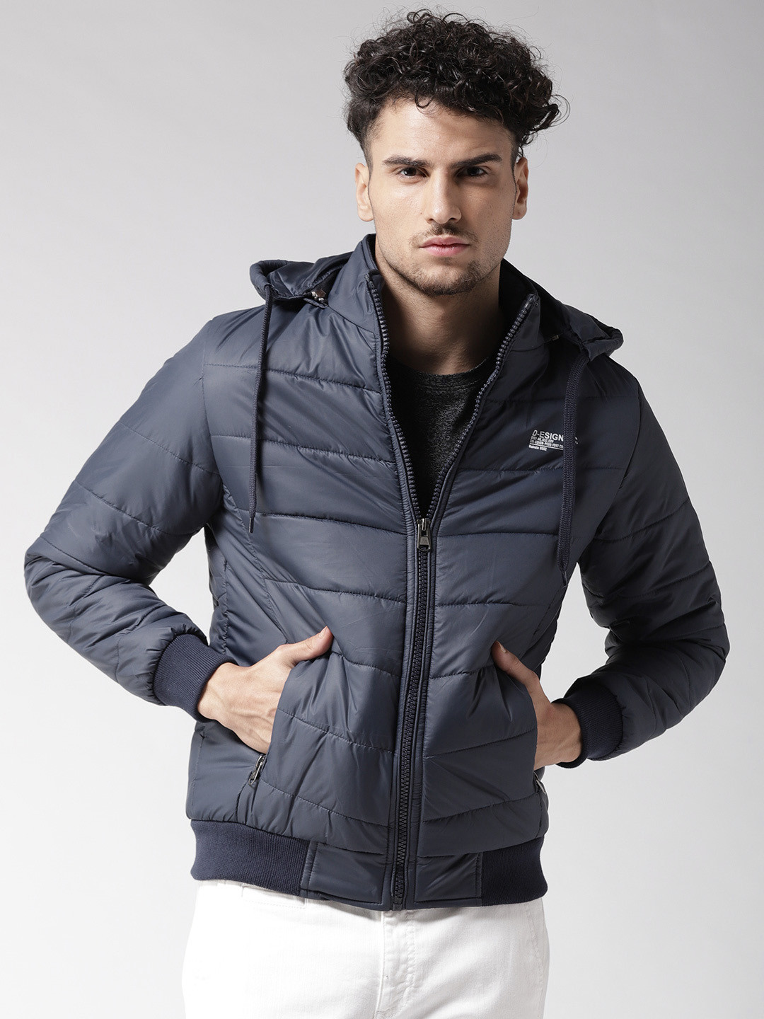 

Fort Collins Men Navy Blue Solid Bomber Jacket with Detachable Hood