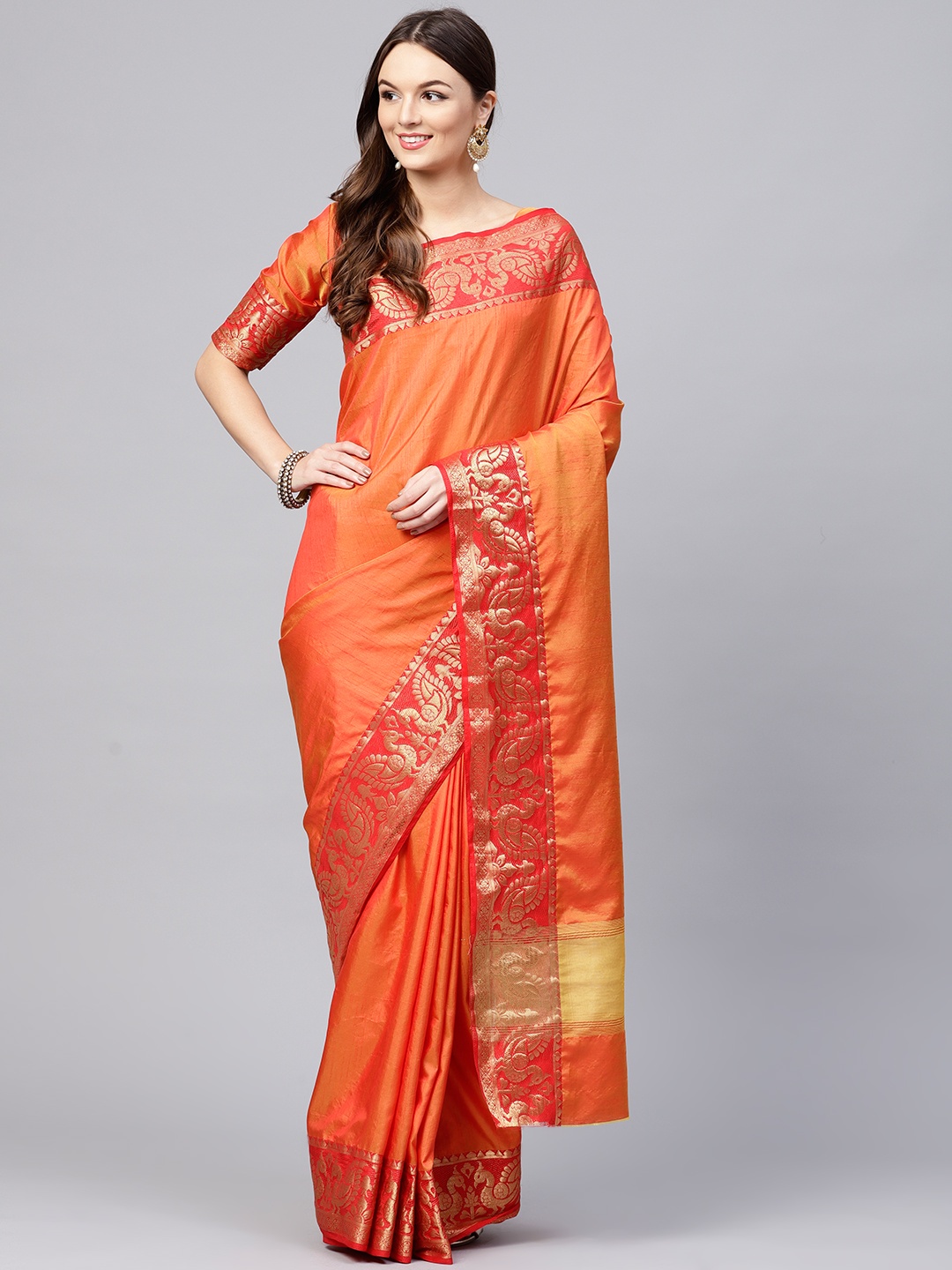 

Saree mall Orange & Red Solid Kanjeevaram Saree