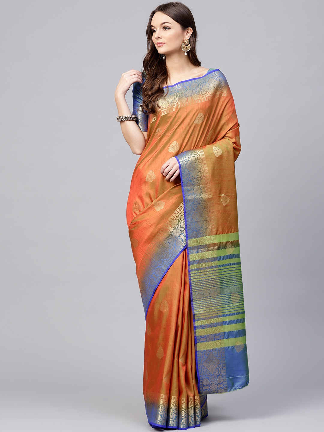 

Saree mall Orange & Blue Dual Toned Woven Design Kanjeevaram Saree