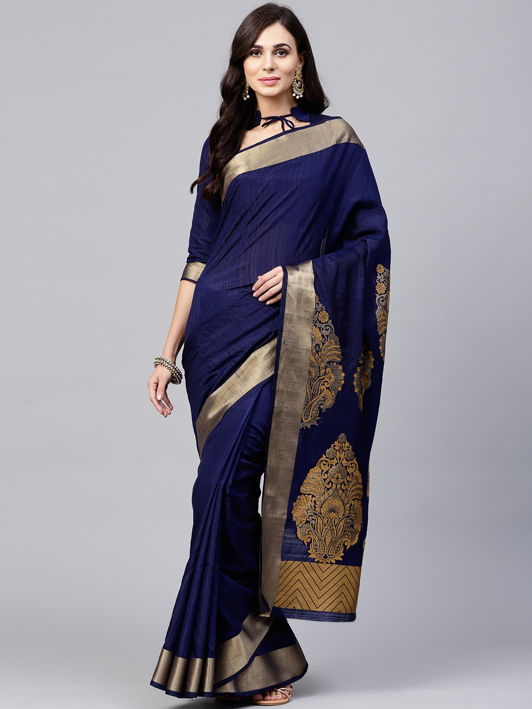 

Saree mall Navy Blue Woven Design Kanjeevaram Saree
