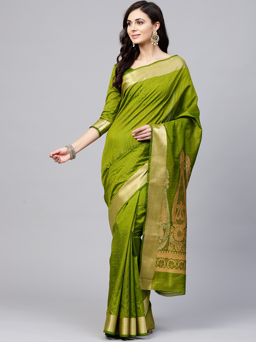 

Saree mall Olive Green & Golden Solid Kanjeevaram Saree