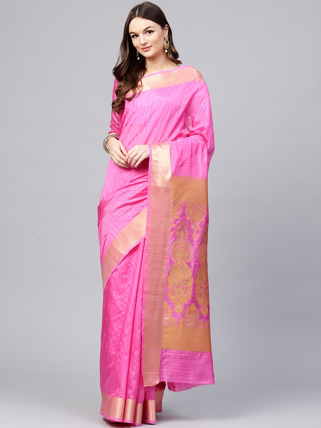 

Saree mall Pink & Golden Solid Kanjeevaram Saree
