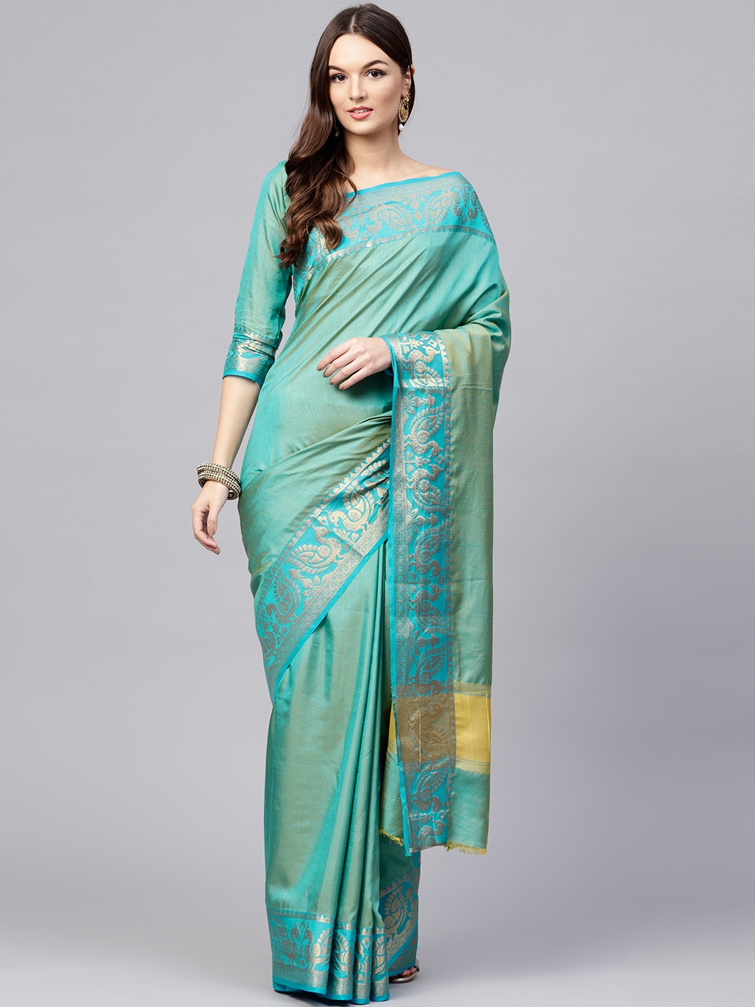 

Saree mall Blue Solid Kanjeevaram Saree