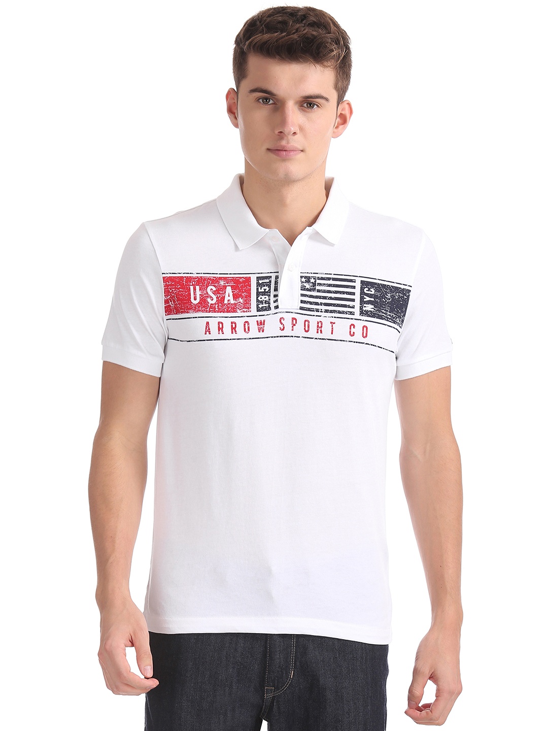 

Arrow Sport Men White Printed Polo Collar Pure Cotton T-shirt