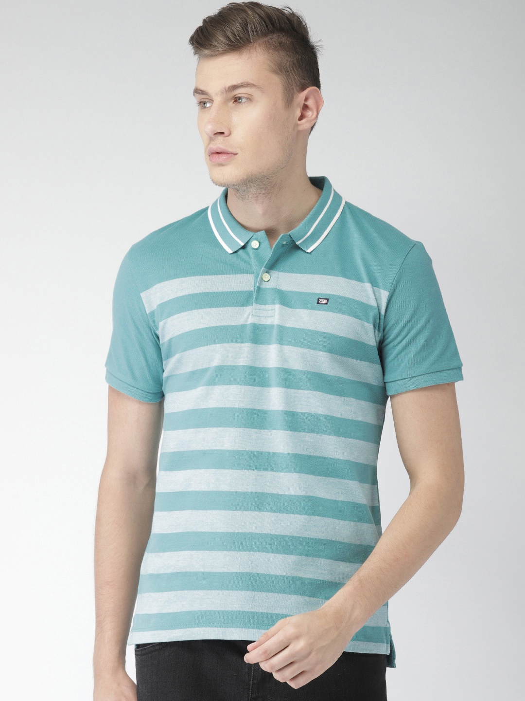 

Arrow Sport Men Sea Green Striped Polo Collar Pure Cotton T-shirt