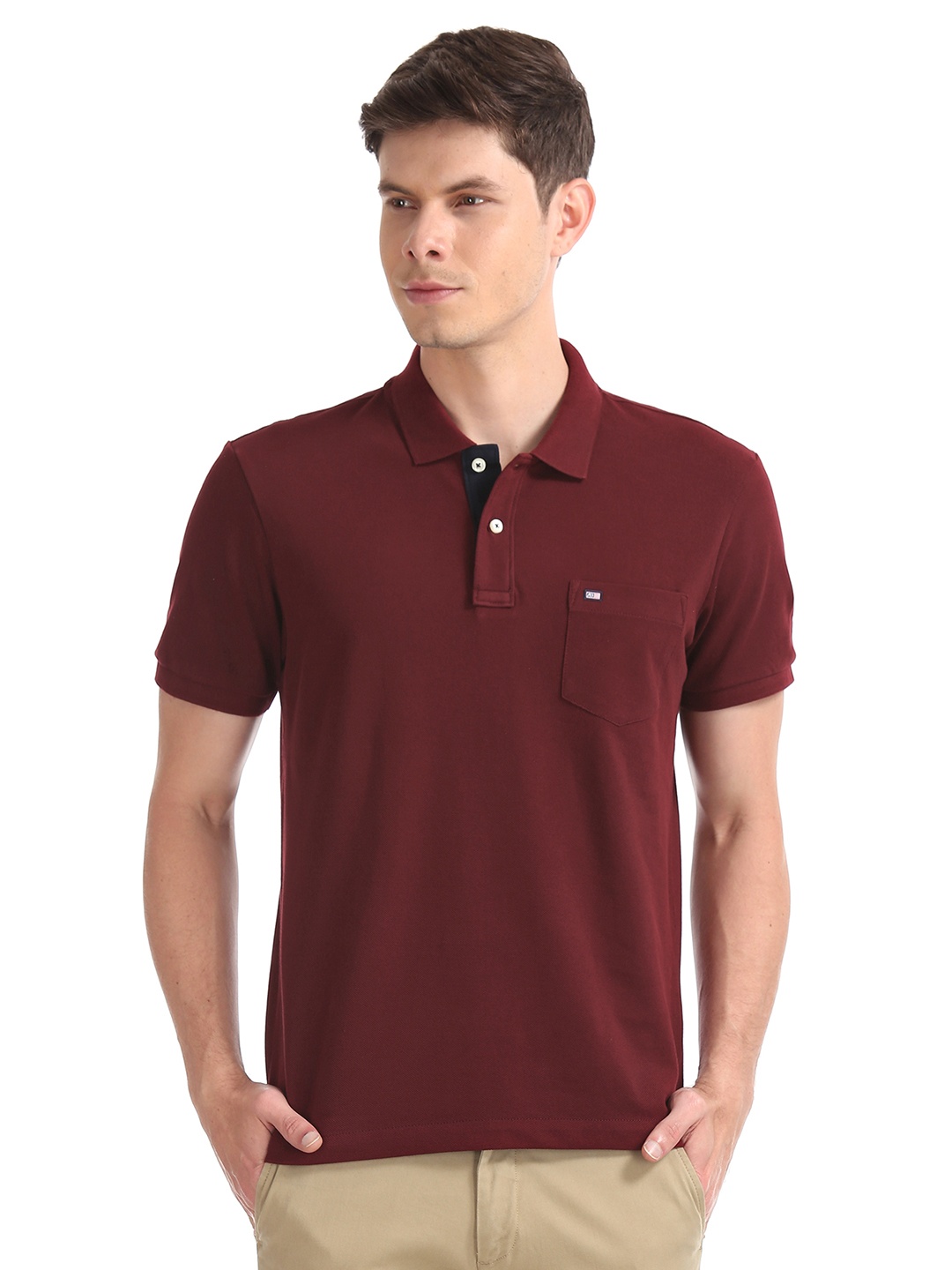 

Arrow Sport Men Burgundy Solid Polo Collar Pure Cotton T-shirt