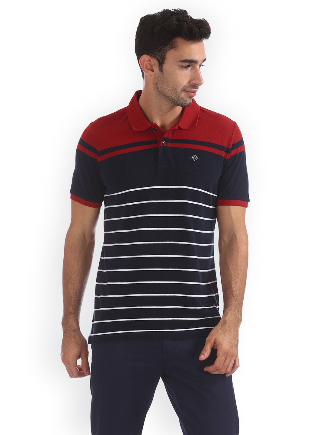 

Arrow Sport Men Navy Blue Striped Polo Collar Pure Cotton T-shirt
