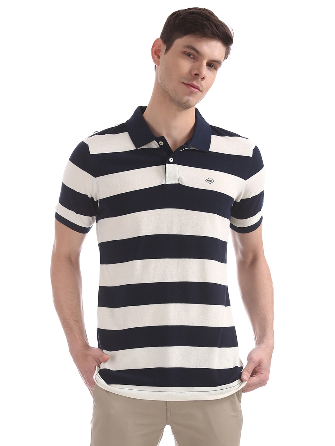 

Arrow Sport Men Navy Blue Striped Polo Collar Pure Cotton T-shirt