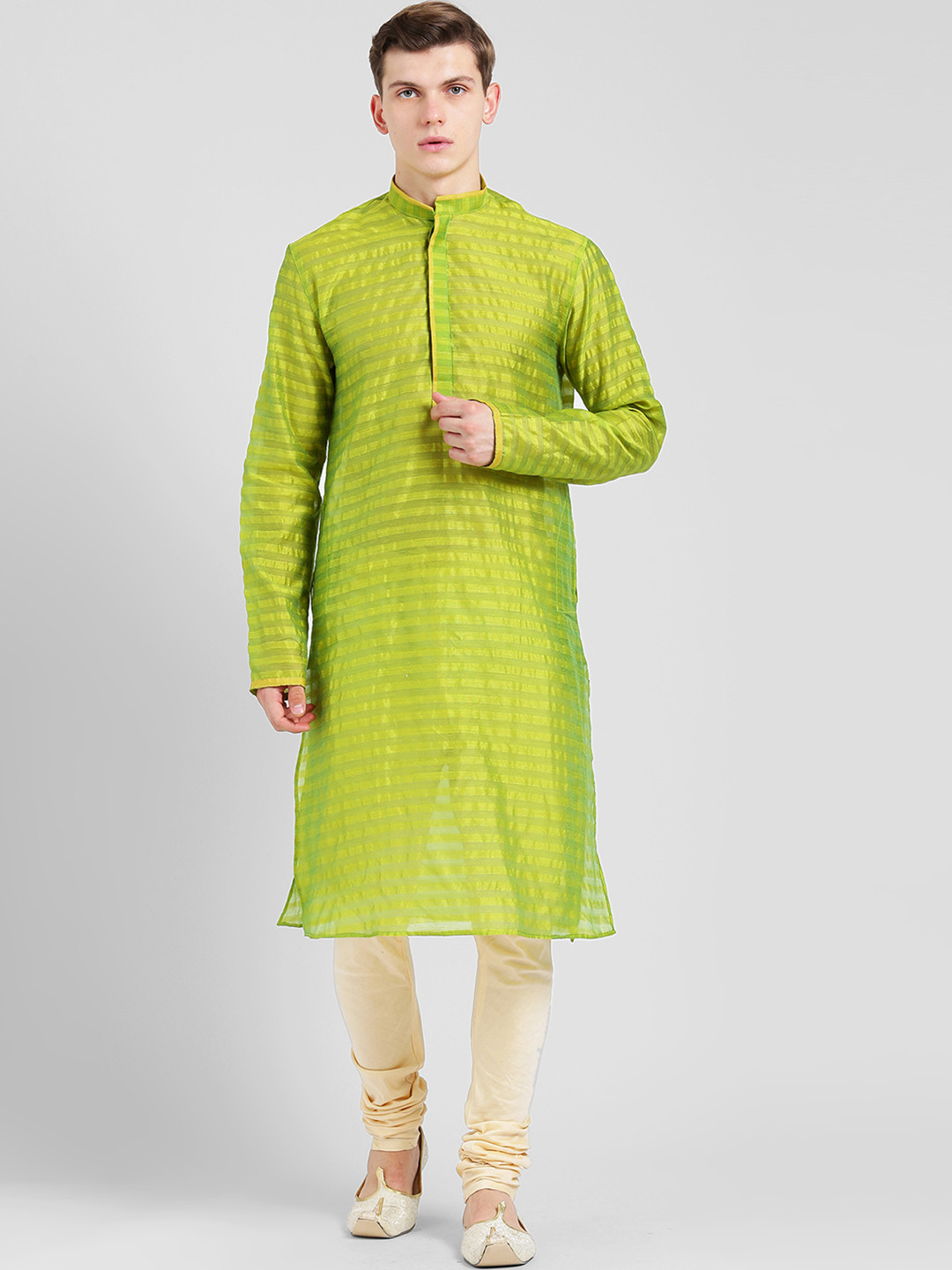 

KISAH Men Green & Beige Self Design Kurta with Churidar