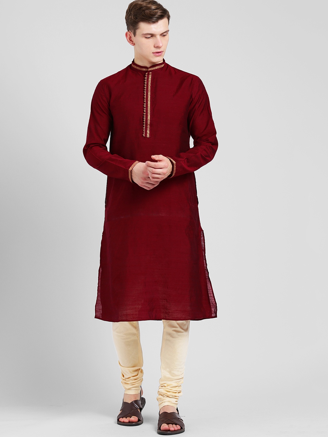 

KISAH Men Maroon & Beige Solid Kurta with Churidar