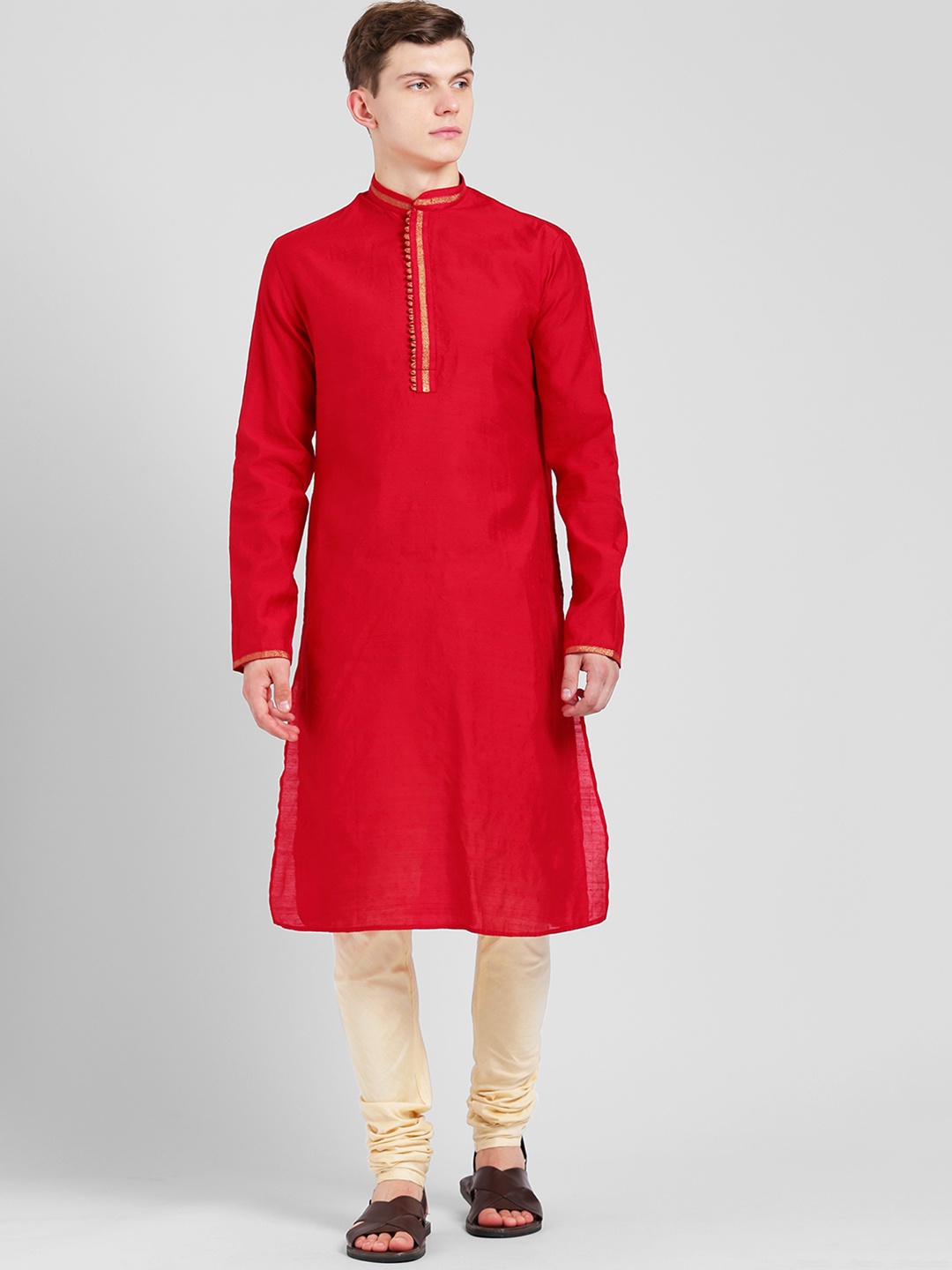 

KISAH Men Red & Beige Solid Kurta with Churidar