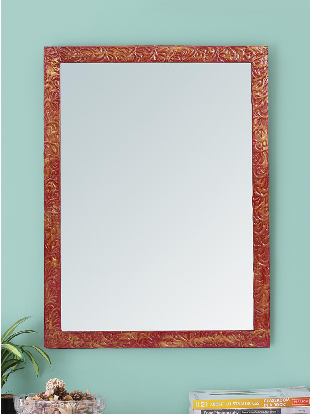 

999Store Red & Beige Handcrafted Wooden Wall Mirror