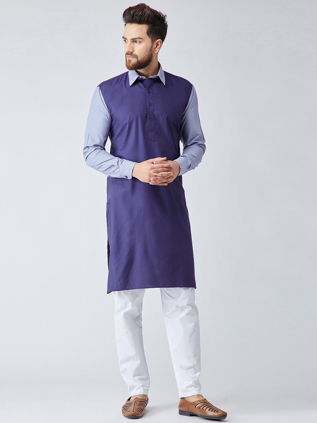 

SOJANYA Men Navy Blue & Grey Solid Kurta with Pyjamas