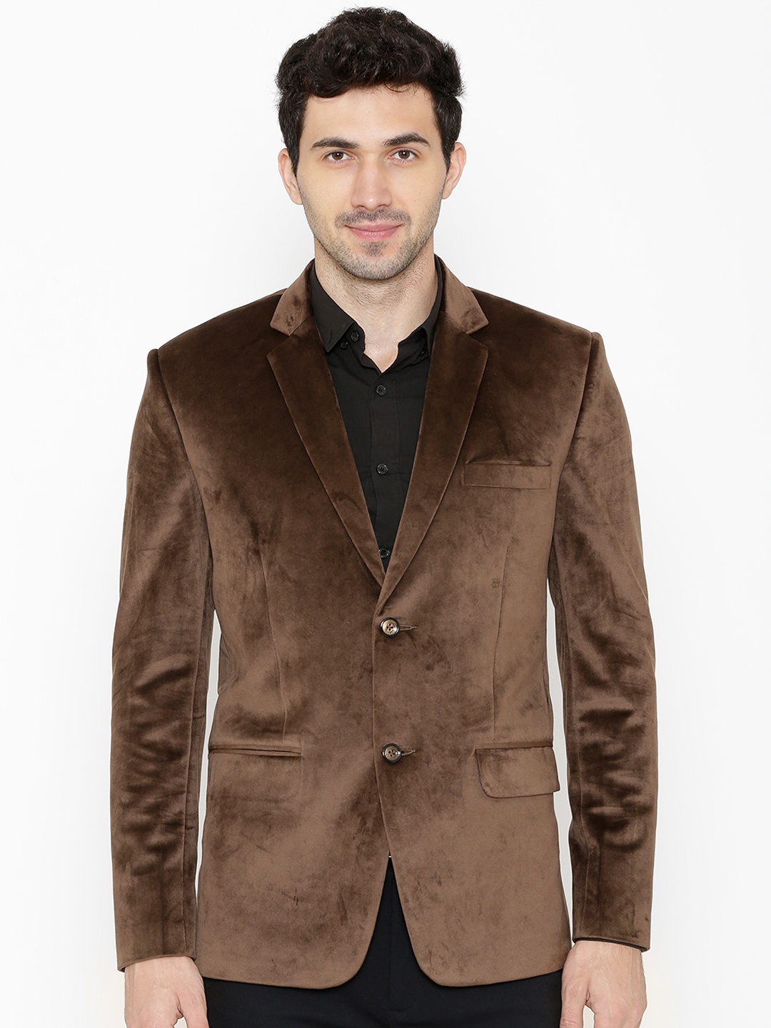 

WINTAGE Men Brown Solid Single-Breasted Velvet Blazer
