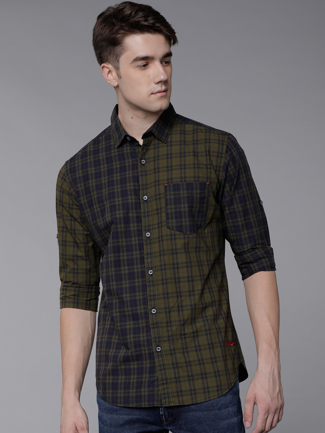 

LOCOMOTIVE Men Green & Navy Blue Slim Fit Checked Casual Shirt
