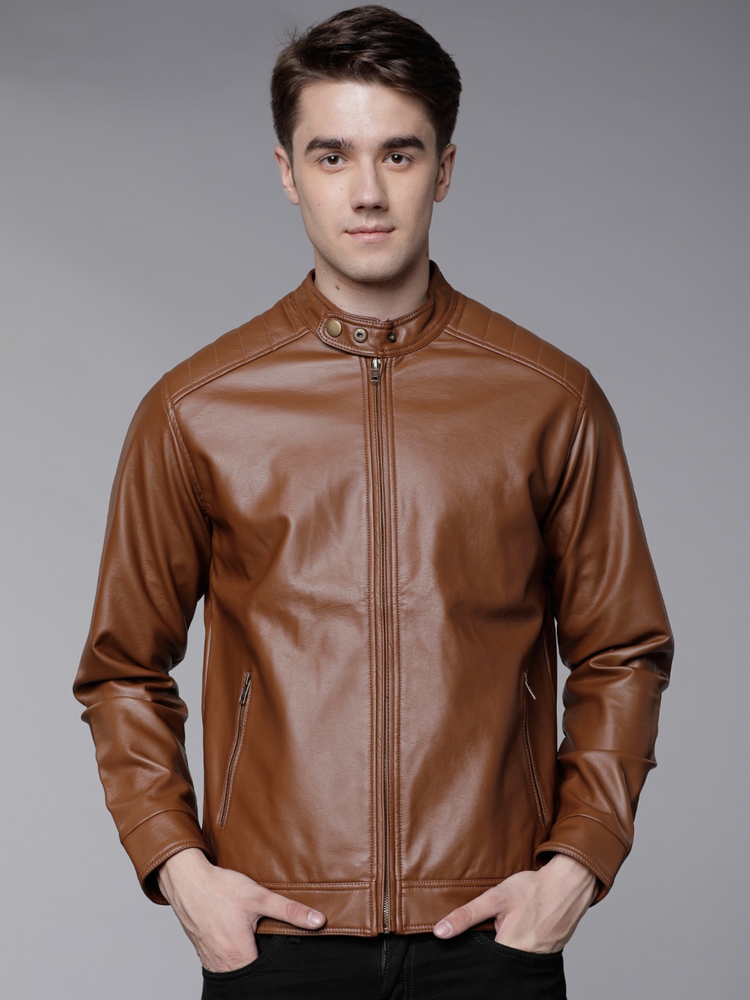

LOCOMOTIVE Men Brown Solid Biker Jacket