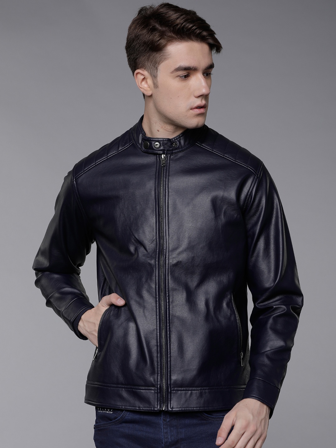 

LOCOMOTIVE Men Navy Blue Solid Biker Jacket