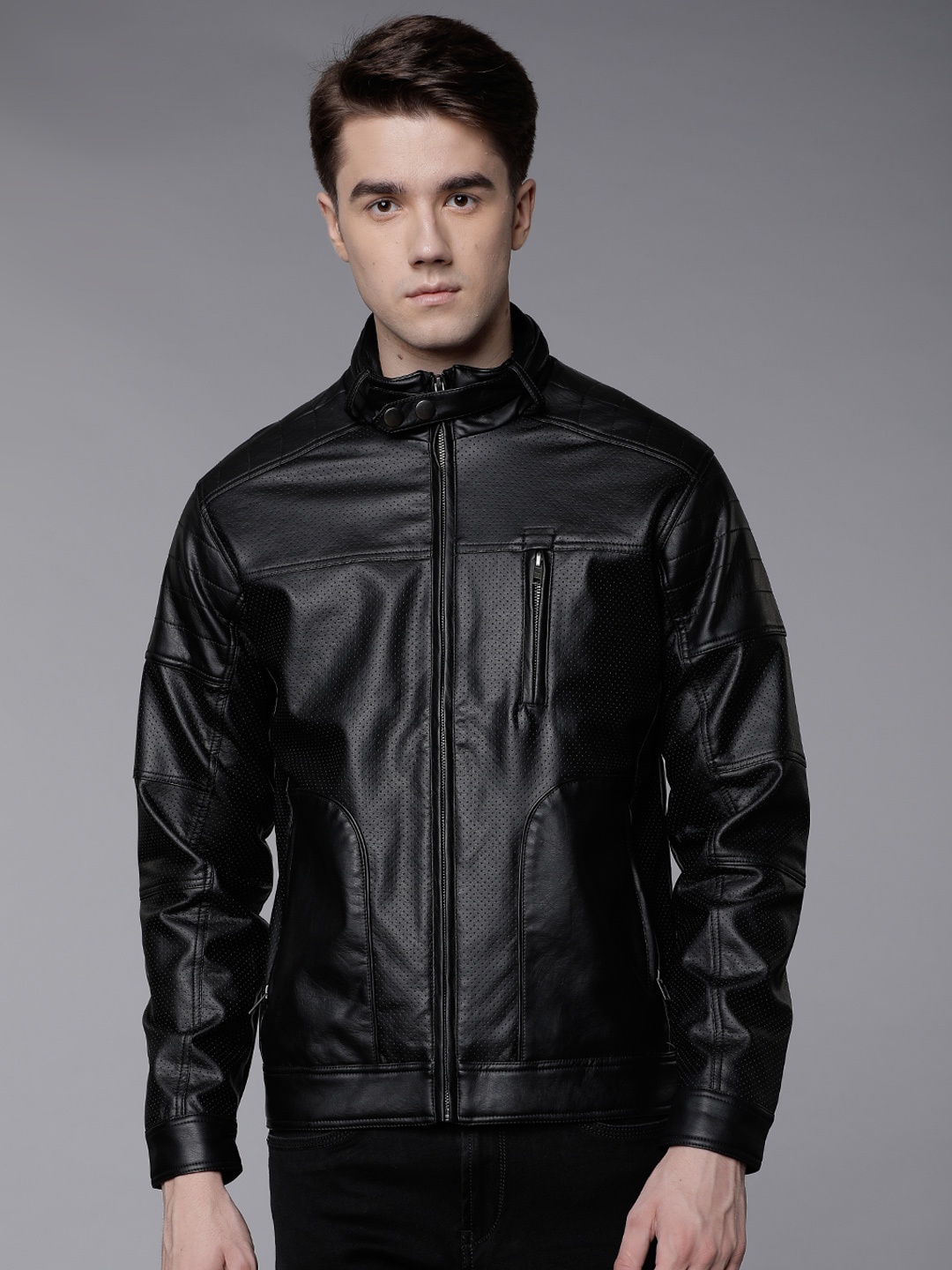 

LOCOMOTIVE Men Black Solid Biker Jacket