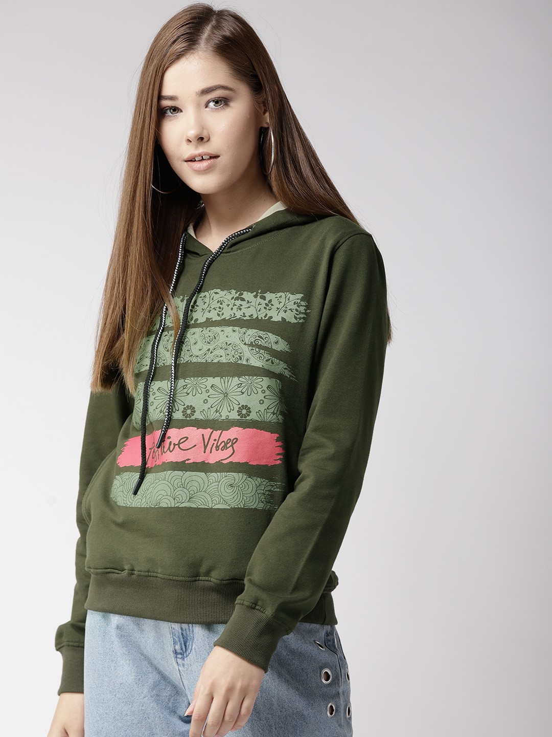 

Fort Collins Women Olive Green Printed Hooded Sweatshirt