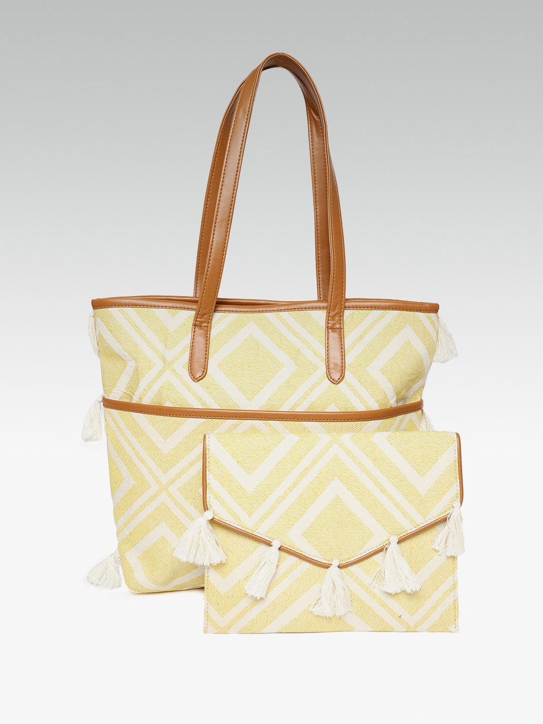

ZAREGARE Yellow & Off-White Self-Design Shoulder Bag With Envelope Clutch