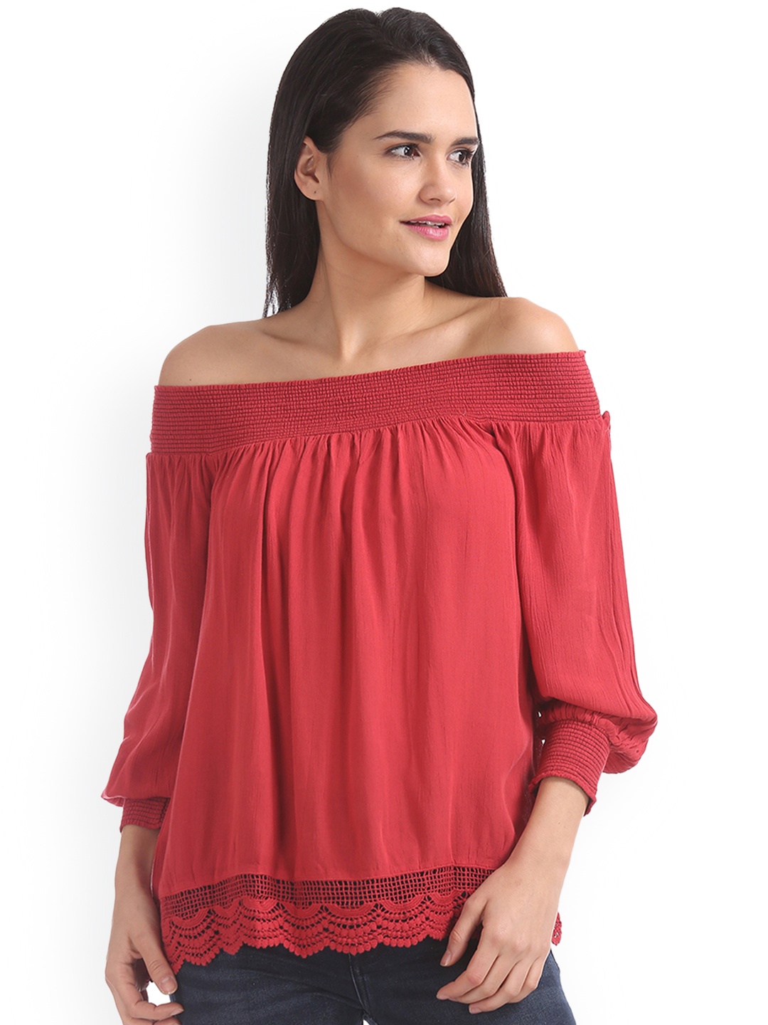 

Aeropostale Women Coral Solid Bardot Top