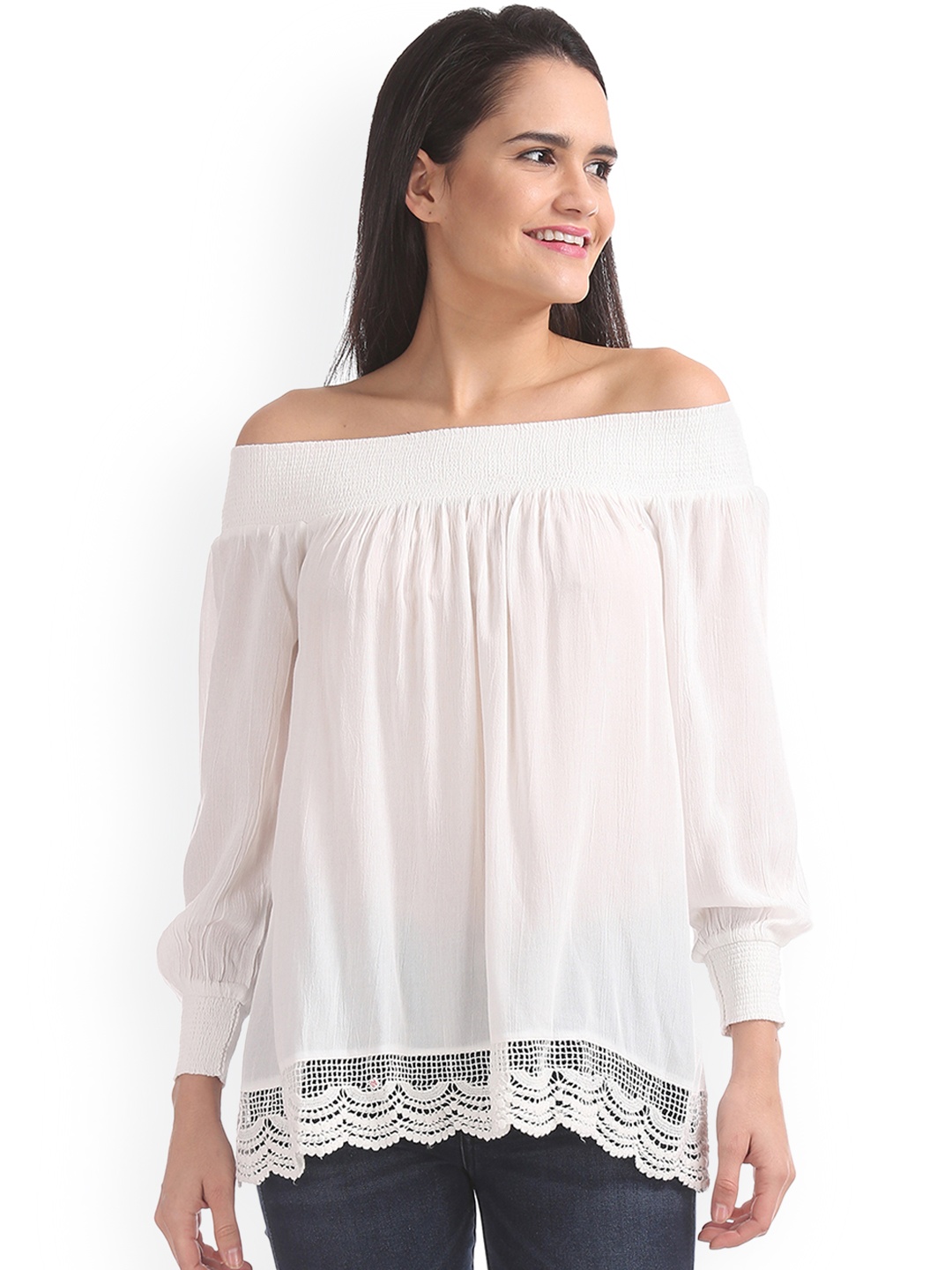 

Aeropostale Women Off-White Solid Bardot Top