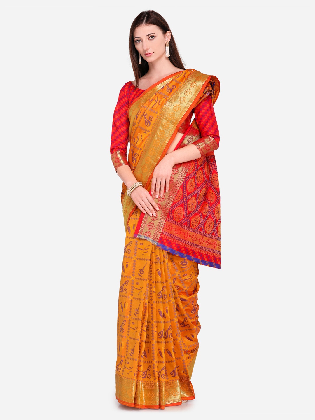 

Saree mall Orange Silk Blend Printed Kanjeevaram Saree
