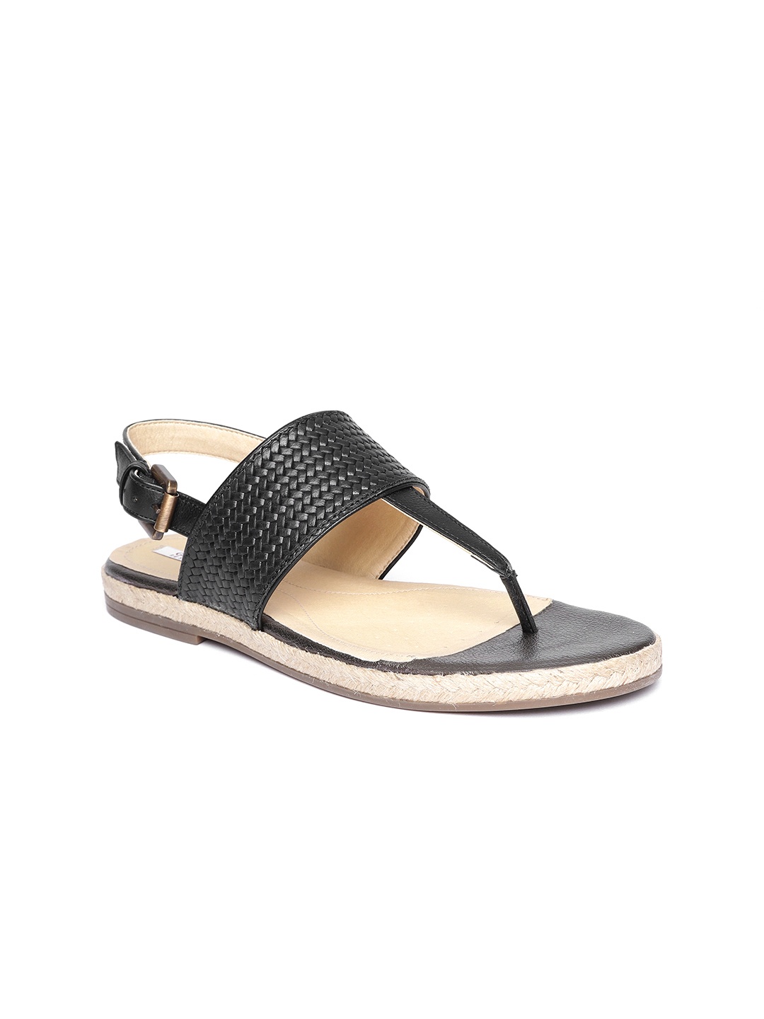 

Geox Women Black Basketweave-Textured Leather T-Strap Flats