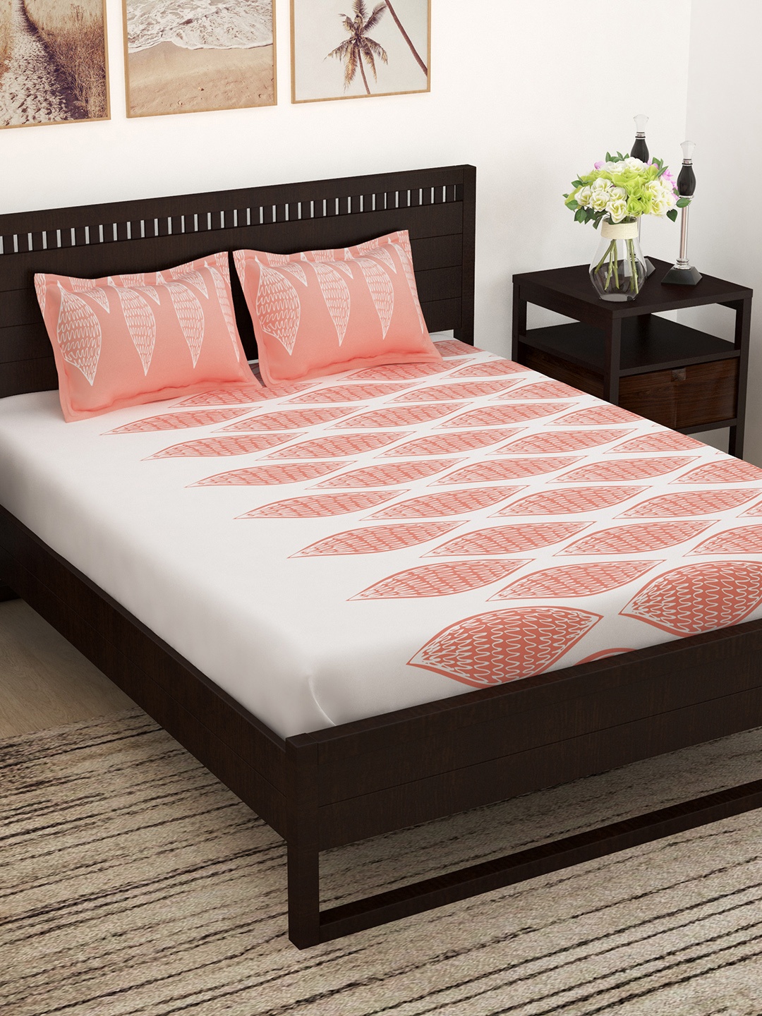 

Story@home Peach-Coloured & White Flat 152 TC Cotton 1 Queen Bedsheet with 2 Pillow Covers