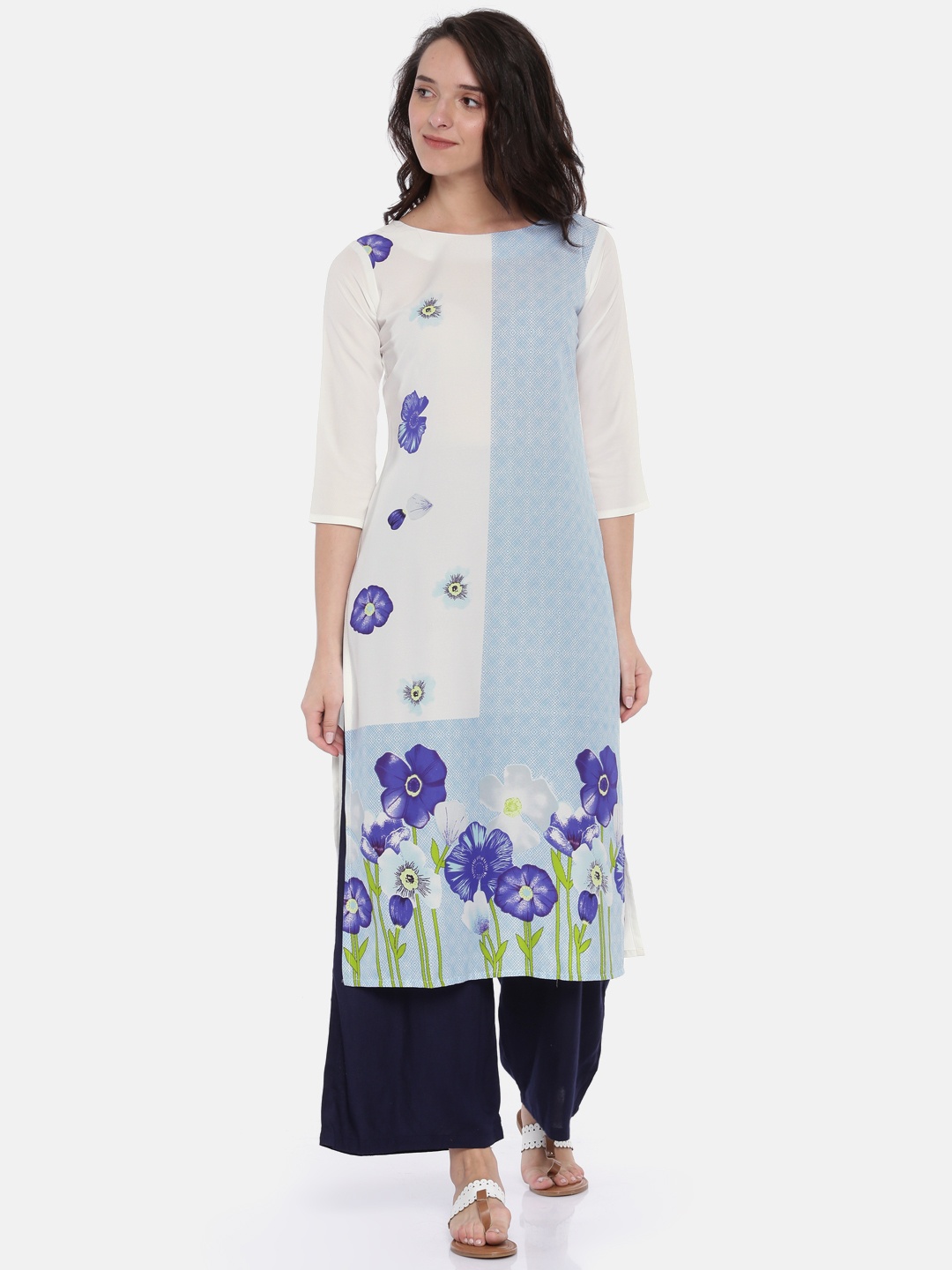 

Vaamsi Women White & Blue Floral Print Straight Kurta