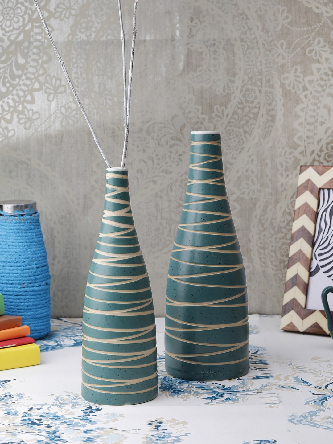 

VarEesha Set of 2 Green Ceramic Cris Cross Organic Vases
