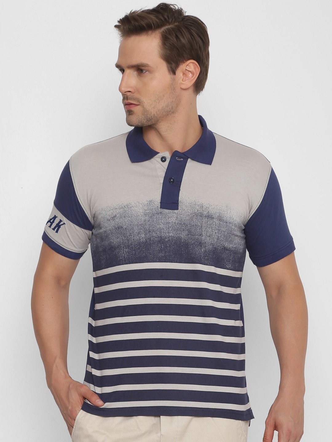 

YAK YAK Men Navy Blue Striped Polo Collar Slim Fit Pure Cotton T-shirt