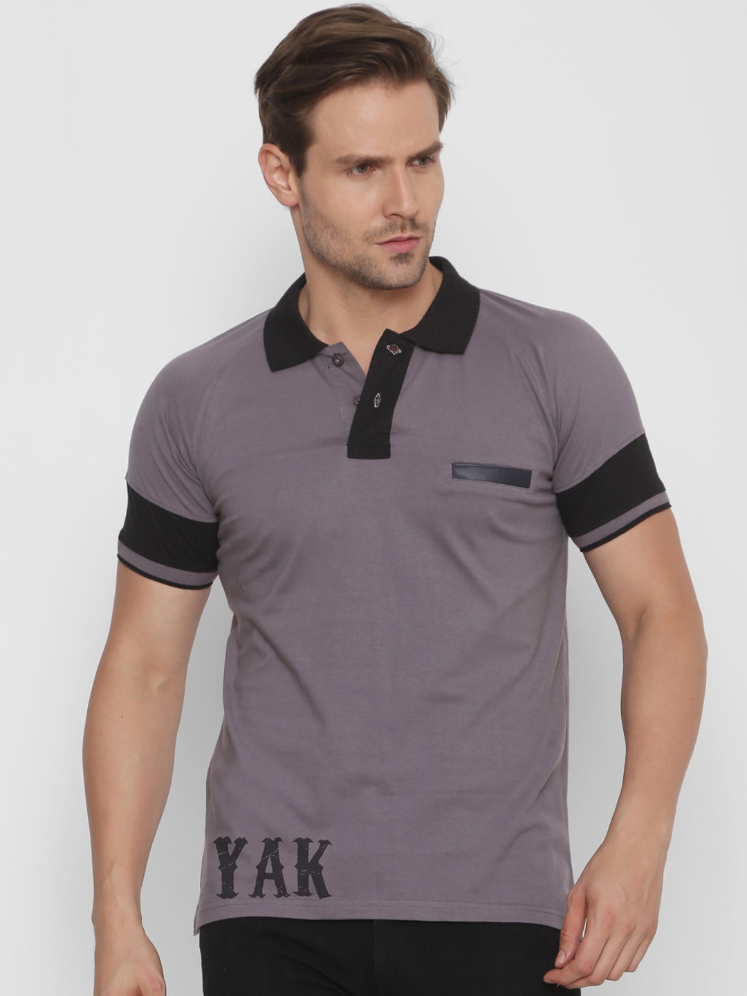 

YAK YAK Men Grey Solid Polo Collar Slim Fit Pure Cotton T-shirt