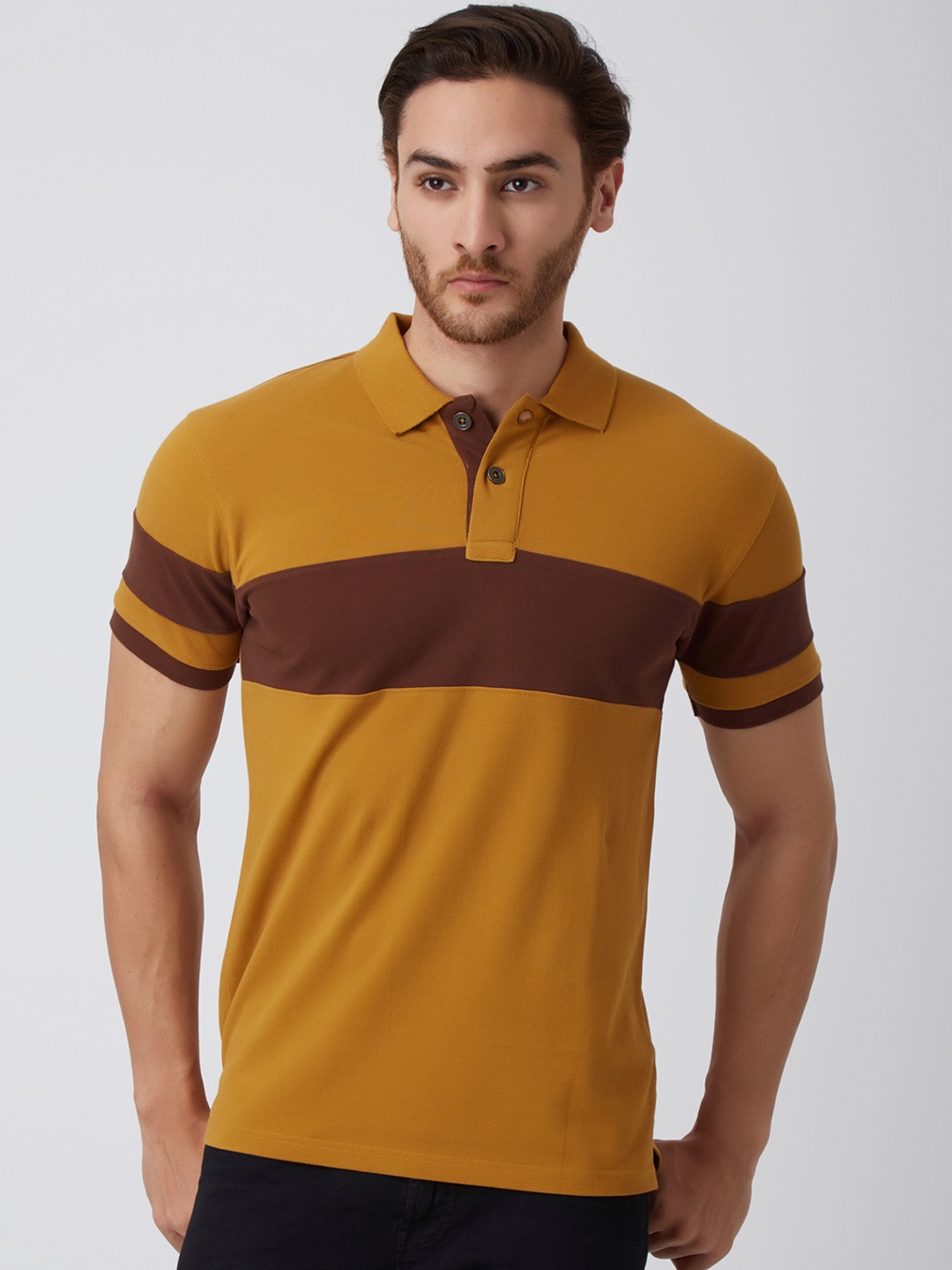 

YAK YAK Men Mustard Striped Polo Collar Slim Fit Pure Cotton T-shirt