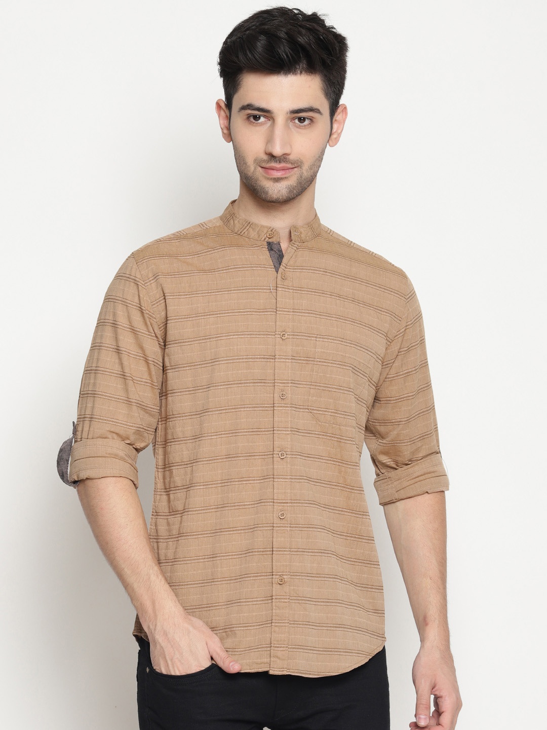 

IVOC Men Khaki Smart Slim Fit Striped Casual Shirt