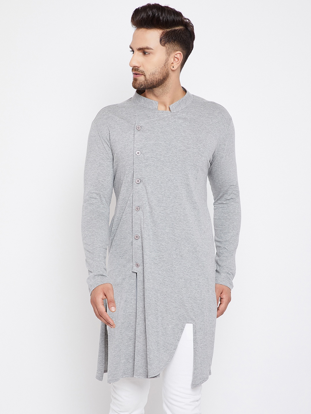 

Hypernation Men Grey Melange Solid Straight Kurta