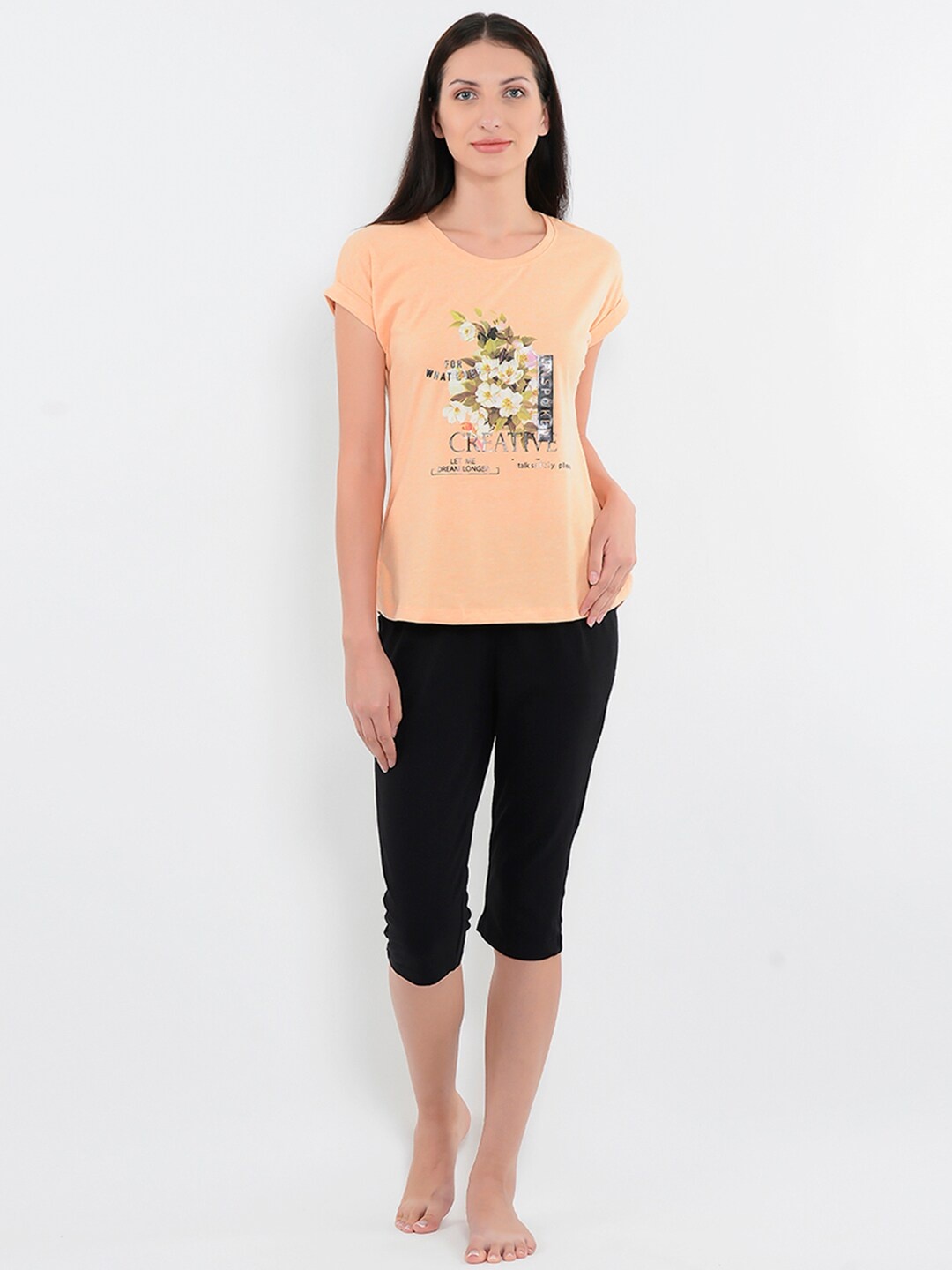 

Sweet Dreams Women Peach-Coloured & Black Printed Night Suit 235378