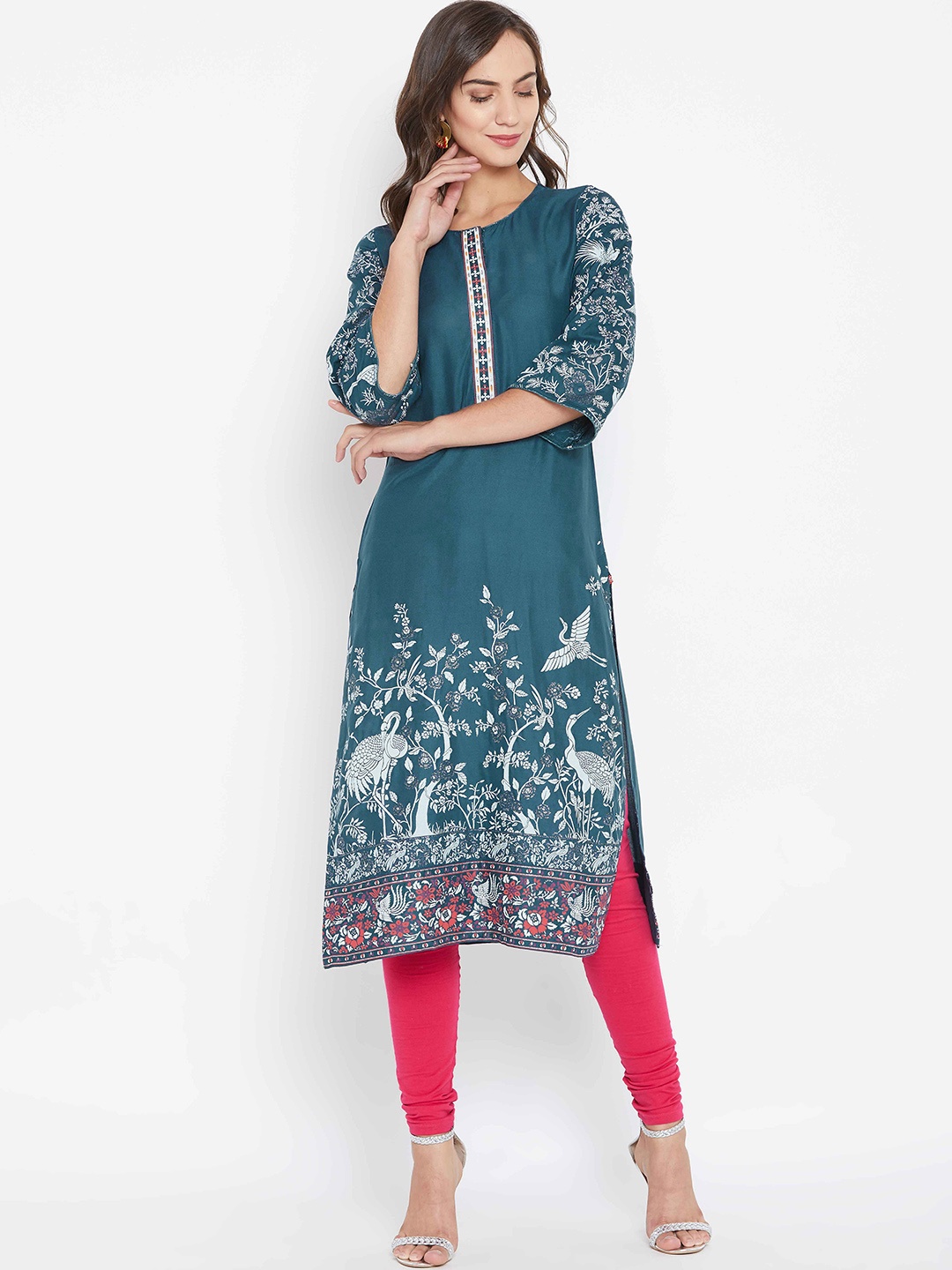 

Biba Women Teal Blue & Grey Quirky Printed Straight Kurta