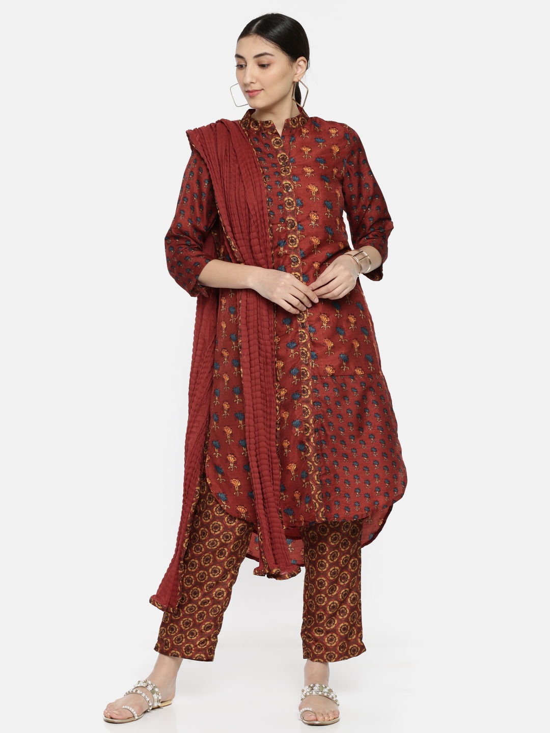 

Biba Women Rust & Printed Kurta with Trousers & Dupatta