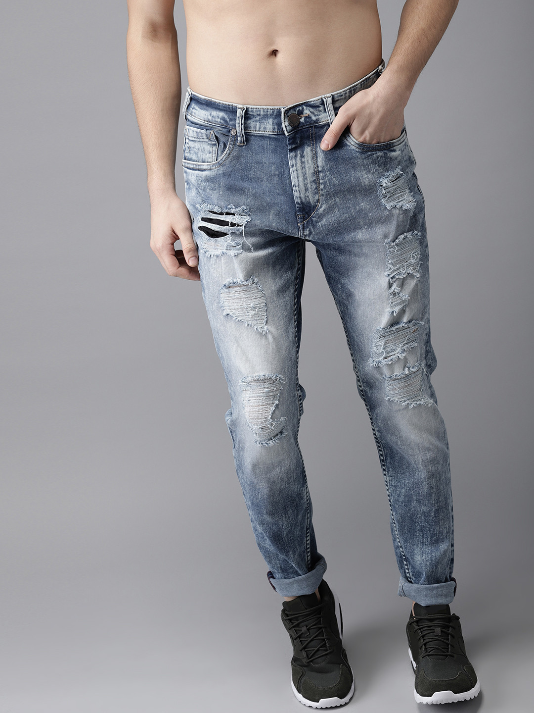 

HERE&NOW Men Blue Slim Fit Mid-Rise Highly Distressed Jeans