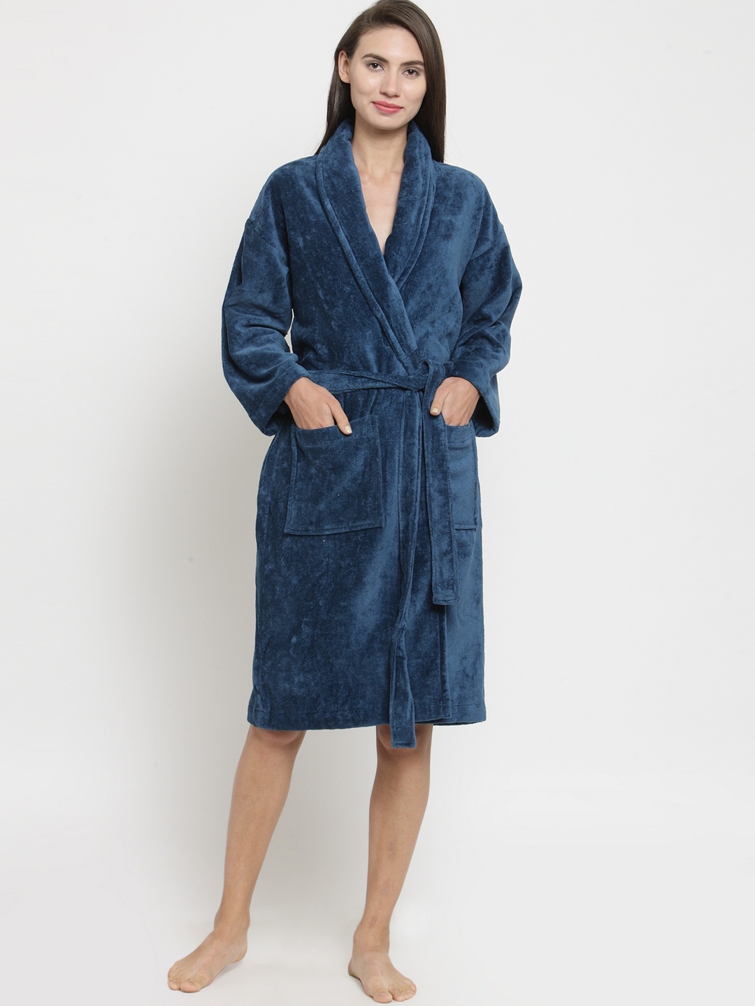 

MYTRIDENT Unisex Blue Solid Bathrobe, Navy blue